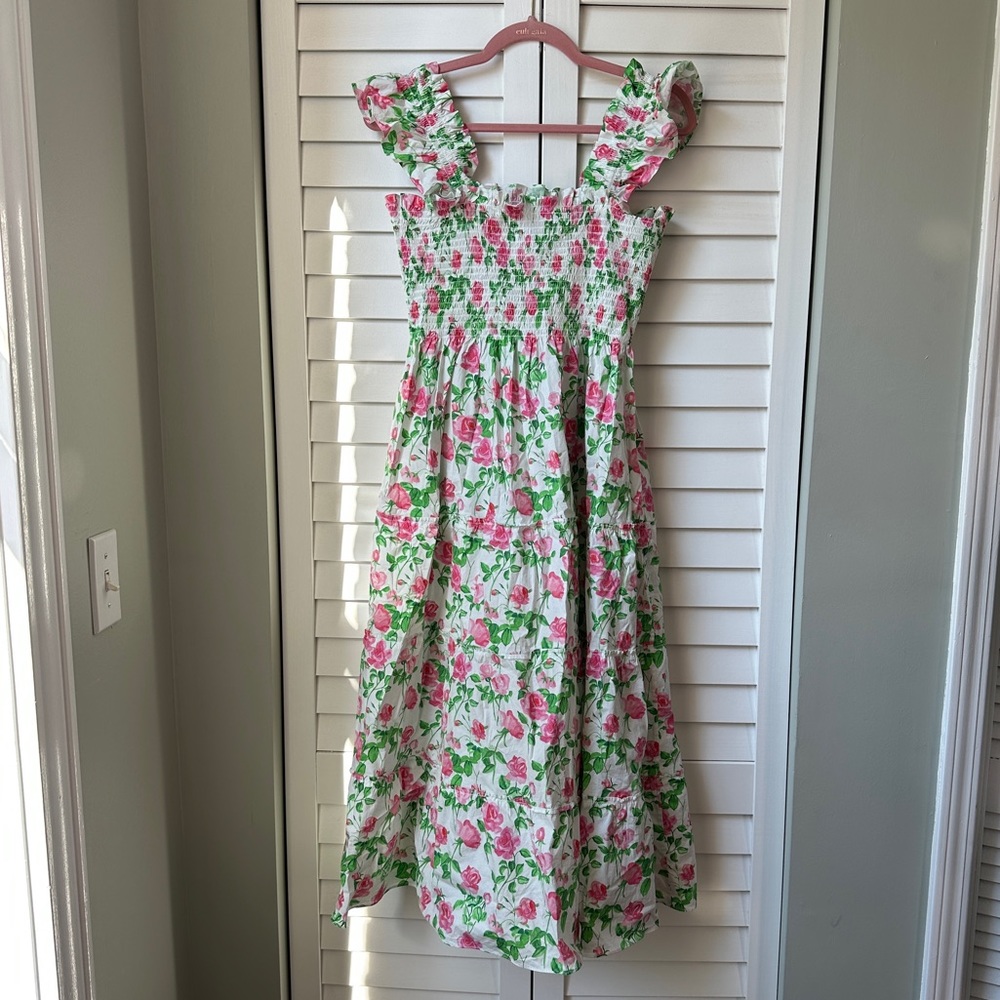 Hill House White Floral Midi Dress with Pink & Green Print